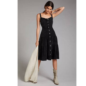 New Anthropologie Pilcro Tiered Corduroy Midi Dress $180 BLACK